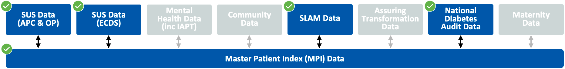 Diagram showing that the dataset SUS (APC & OP), SUS Data (ECDS), SLAM Data, and National Diabetes Audit Data are used in the Coronary Heart Disease (CHD) subsegment.