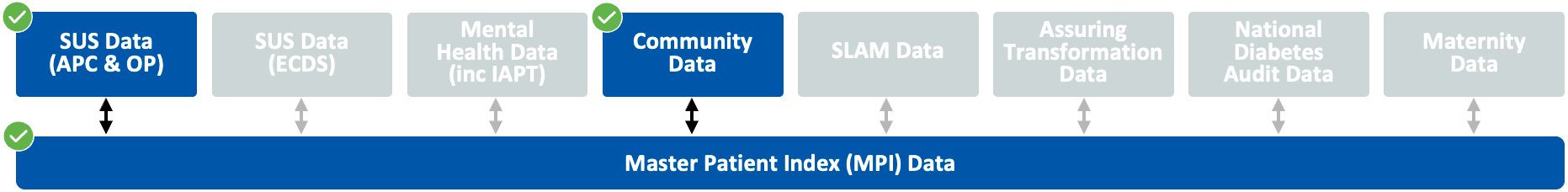 Diagram showing that the datasets SUS (APC & OP) and Community Data are used in the Parkinson's Disease subsegment.